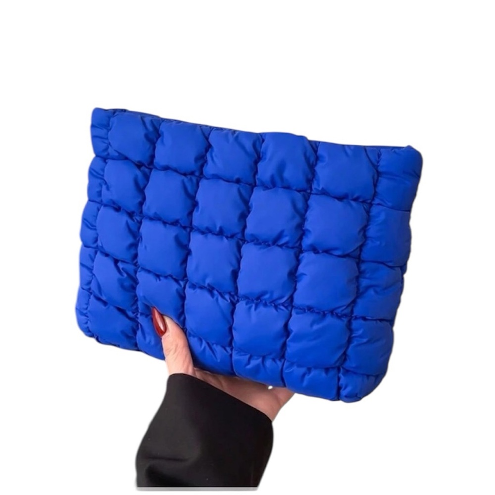 Royal Blue Quilted Puffer Makeup Case Travel  Zip Pouch